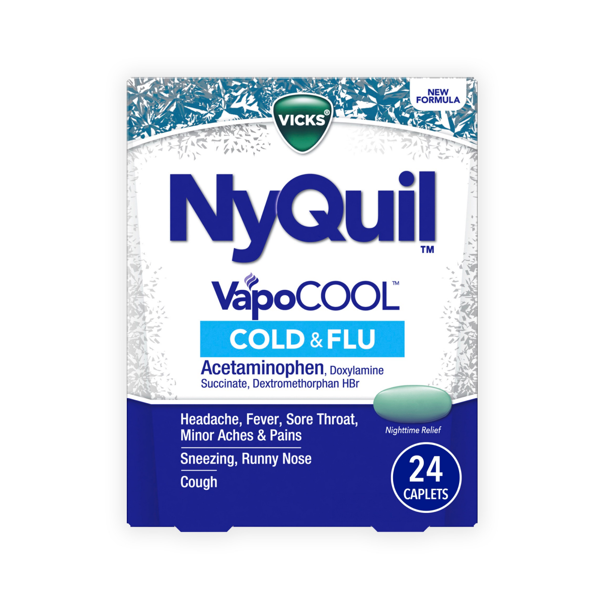slide 1 of 8, Vicks NyQuil VapoCOOL Cold & Flu Coated Caplets, Over-the-Counter Medicine, Powerful Nighttime Relief for Headache, Fever, Sore Throat, Minor Aches and Pains, Sneezing, Runny Nose, and Cough, 24 Count, 24 ct