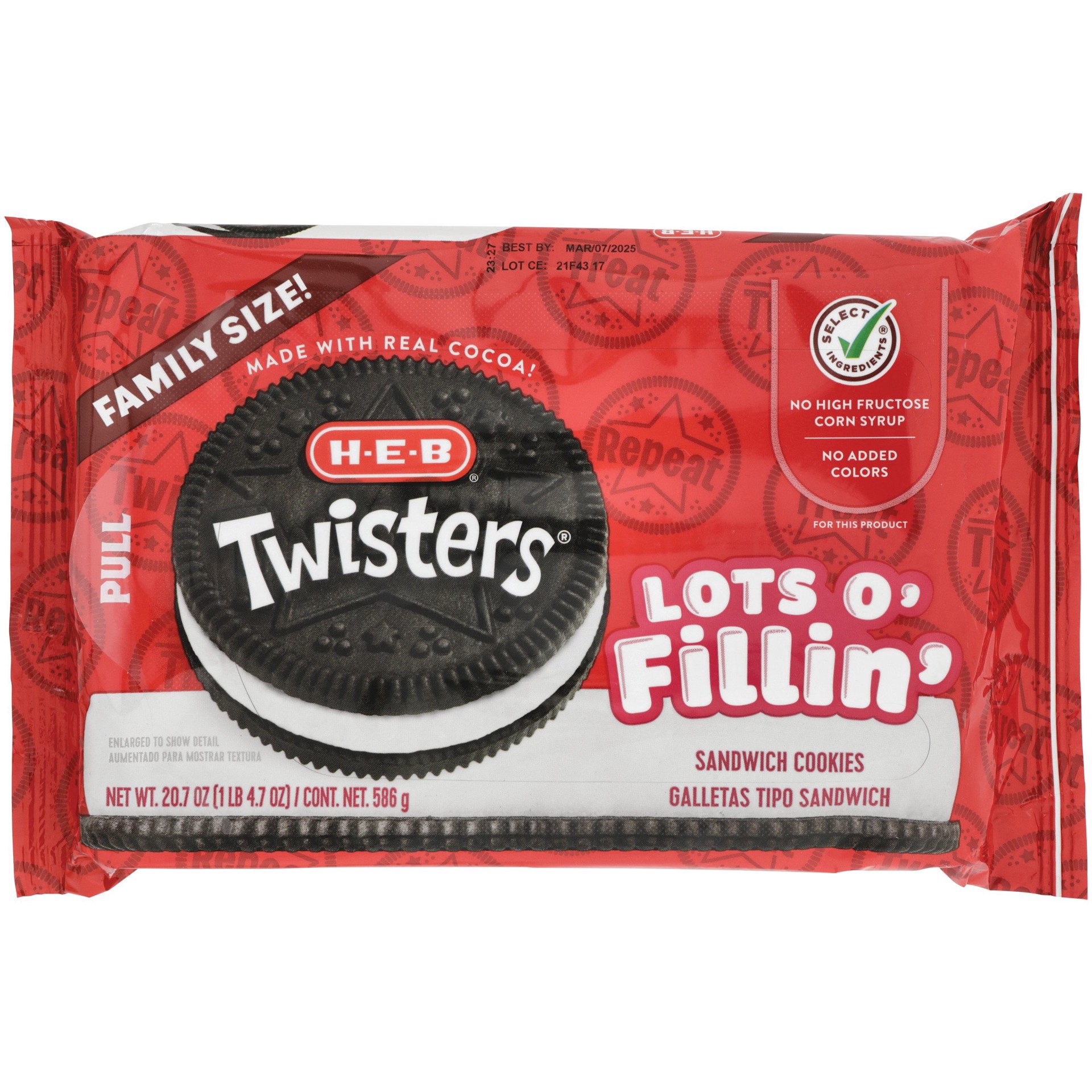 slide 1 of 1, H-E-B Twisters Lots O' Fillin' Sandwich Cookies - Family Size, 20.7 oz