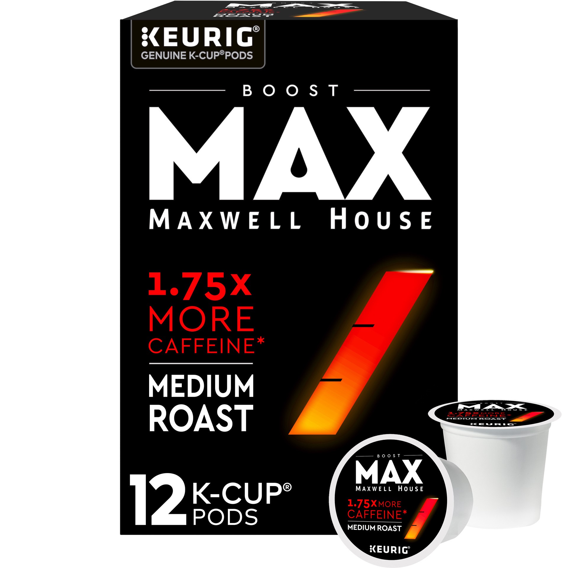 slide 1 of 4, Maxwell House Max Boost Medium Roast K-Cup Coffee Pods with 1.75X More Caffeine, 12 ct Box, 12 ct