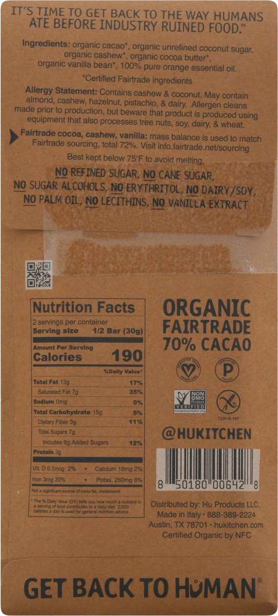 slide 2 of 12, Hu Organic 70% Cacao Cashew Butter + Orange Vanilla Dark Chocolate 2.1 oz, 2.1 oz