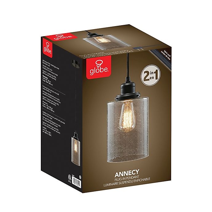 slide 6 of 8, Globe Electric Annecy 1-Light Plug-In or Hardwire Pendant Light - Dark Bronze with Seeded Glass, 1 ct