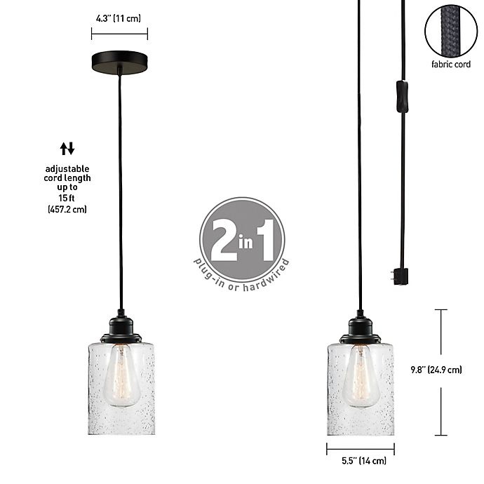 slide 8 of 8, Globe Electric Annecy 1-Light Plug-In or Hardwire Pendant Light - Dark Bronze with Seeded Glass, 1 ct