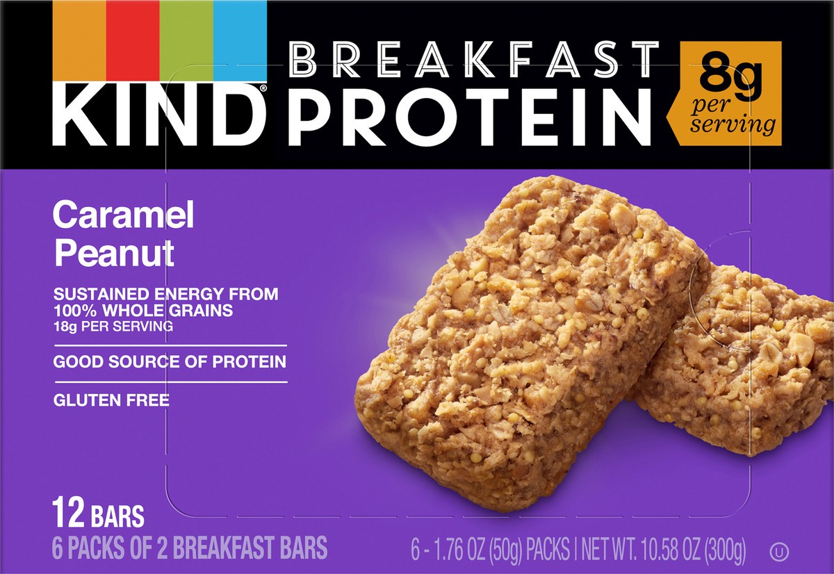slide 3 of 9, KIND Breakfast, Caramel Peanut, Gluten Free Breakfast Bars, 8g Protein, 1.76 OZ Packs (6 Count), 6 ct