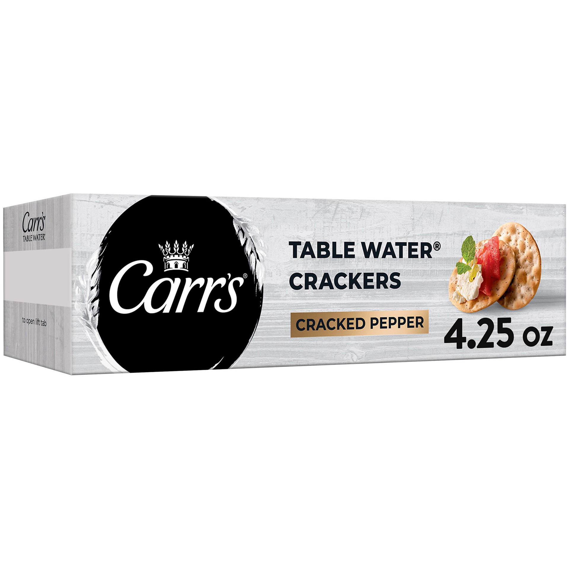 slide 1 of 8, Carr's Table Water Crackers, Baked Snack Crackers, Party Snacks, Cracked Pepper, 4.5oz Box, 1 Box, 4.25 