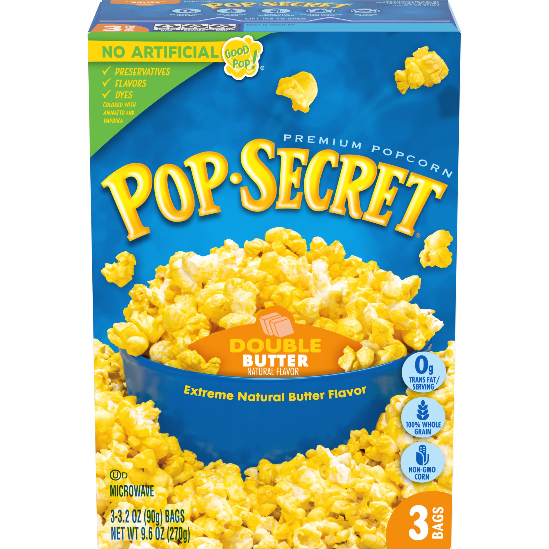 slide 1 of 1, Pop-Secret Microwave Popcorn, Double Butter Flavor, 3.2 Oz Sharing Bags, 3 Ct, 9.6 oz