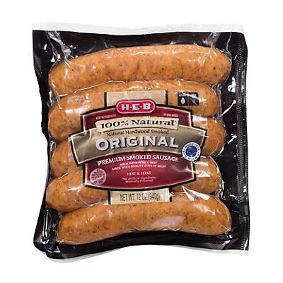 slide 1 of 1, H-E-B 100% Natural Original Premium Smoked Sausage, 12 oz