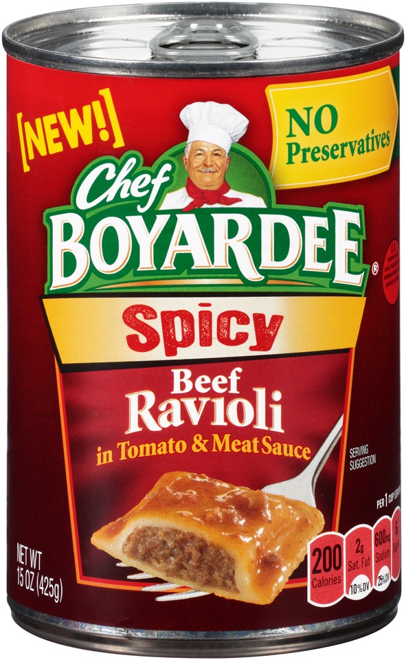 slide 1 of 1, Chef Boyardee Spicy Beef Ravioli in Tomato & Meat Sauce, 15 oz