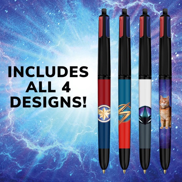 slide 8 of 8, BIC 4 Color Marvel Studios' The Marvels Edition Retractable Ballpoint Pens, Medium Point, 1.0 mm, Black Barrels, Assorted Ink Colors, Pack Of 4 Pens, 4 ct