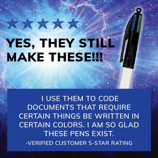 slide 4 of 8, BIC 4 Color Marvel Studios' The Marvels Edition Retractable Ballpoint Pens, Medium Point, 1.0 mm, Black Barrels, Assorted Ink Colors, Pack Of 4 Pens, 4 ct
