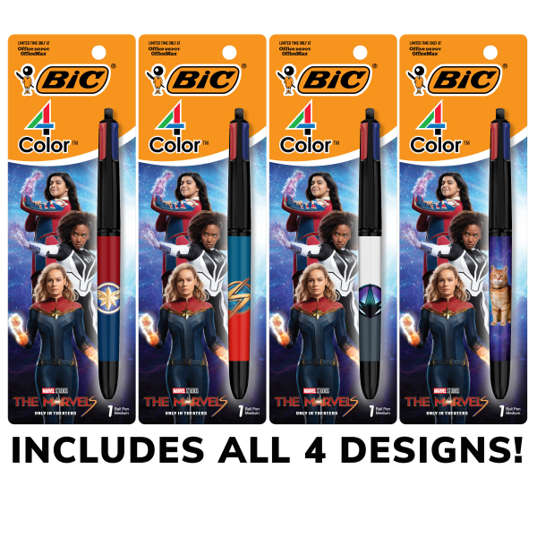 slide 3 of 8, BIC 4 Color Marvel Studios' The Marvels Edition Retractable Ballpoint Pens, Medium Point, 1.0 mm, Black Barrels, Assorted Ink Colors, Pack Of 4 Pens, 4 ct