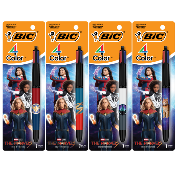 slide 1 of 8, BIC 4 Color Marvel Studios' The Marvels Edition Retractable Ballpoint Pens, Medium Point, 1.0 mm, Black Barrels, Assorted Ink Colors, Pack Of 4 Pens, 4 ct