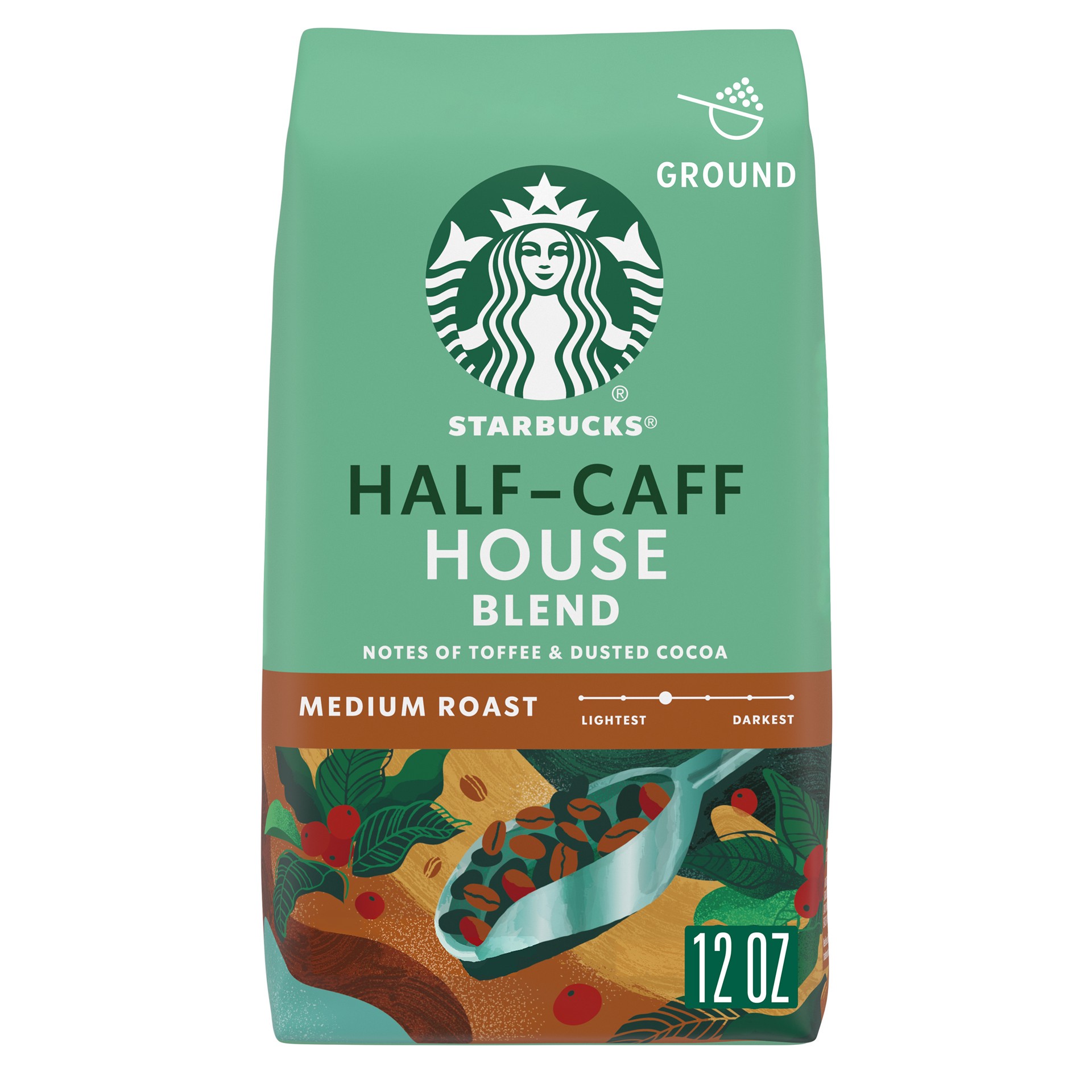 slide 1 of 5, Starbucks Ground Coffee, Medium Roast Coffee, Half-Caff House Blend, 100% Arabica, 1 Bag- 12 oz, 12 oz