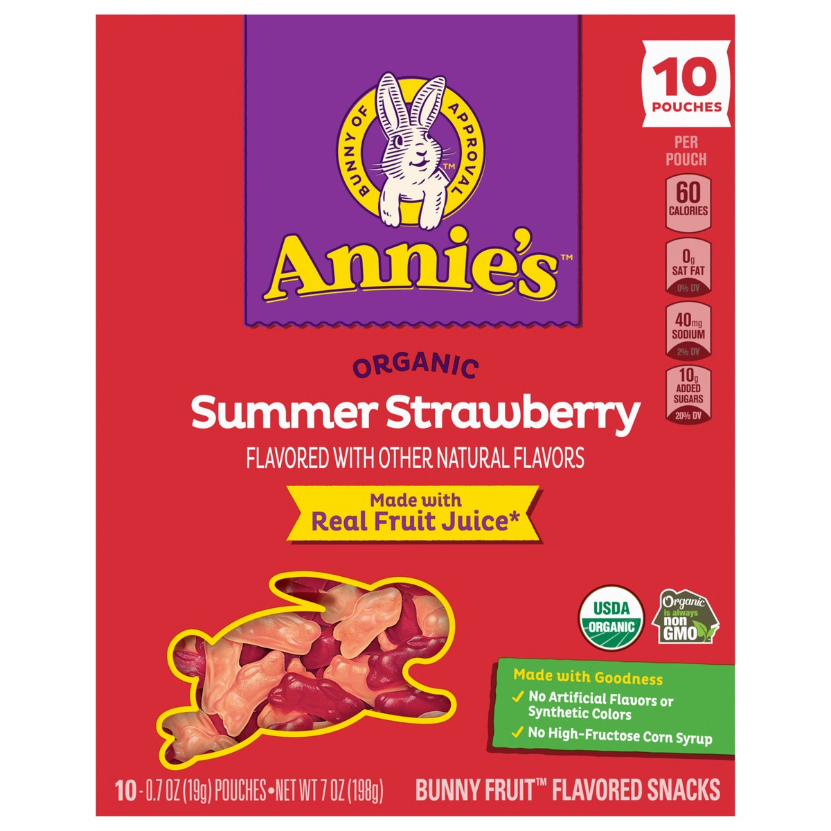 slide 1 of 9, Annie's Organic Bunny Fruit Flavored Snacks, Summer Strawberry, Gluten Free, 10 Pouches, 7 oz, 10 ct