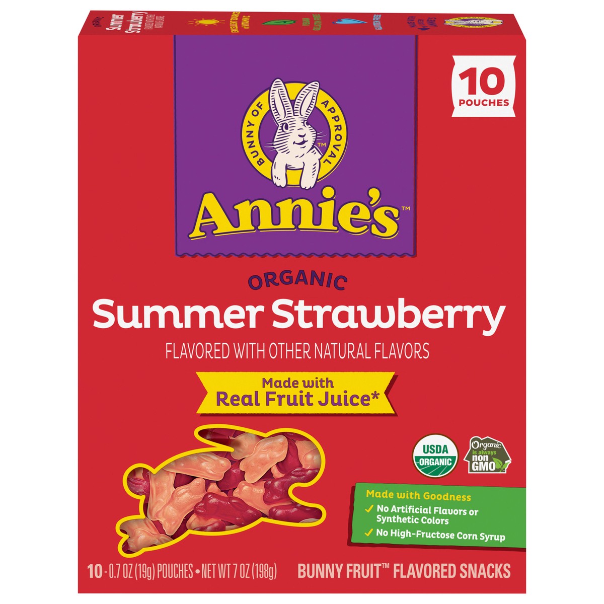 slide 1 of 9, Annie's Organic Bunny Fruit Flavored Snacks, Summer Strawberry, Gluten Free, 10 Pouches, 7 oz, 10 ct