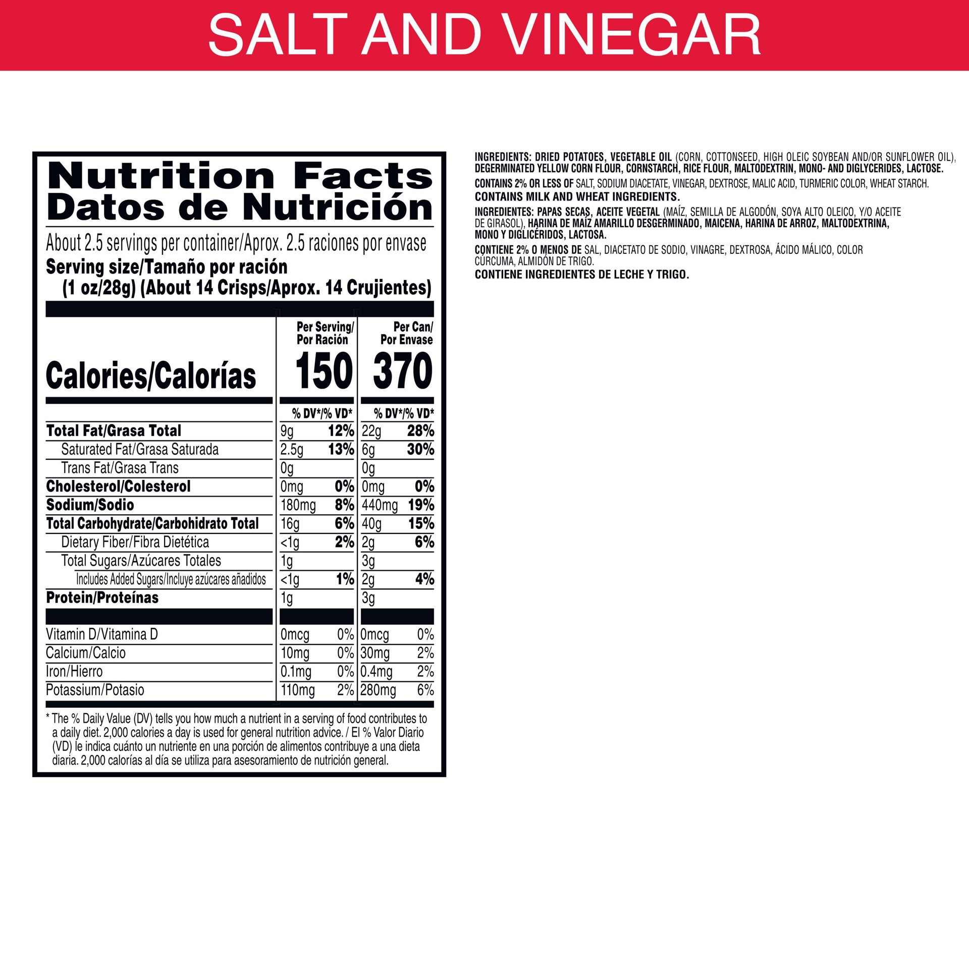 slide 5 of 5, Pringles Potato Crisps Chips, Lunch Snacks, Office and Kids Snacks, Grab and Go Snack Pack, Salt and Vinegar, 2.5oz Can, 1 Can, 2.5 oz