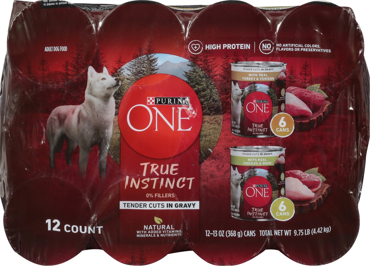 slide 9 of 9, ONE Purina ONE True Instinct Tender Cuts in Gravy With Real Turkey and Venison, and With Real Chicken and Duck High Protein Wet Dog Food Variety Pack, 9.75 lb