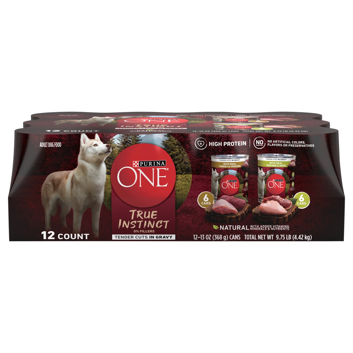 slide 1 of 9, ONE Purina ONE True Instinct Tender Cuts in Gravy With Real Turkey and Venison, and With Real Chicken and Duck High Protein Wet Dog Food Variety Pack, 9.75 lb