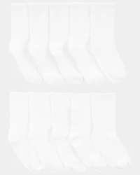 Carter's Girls 10-Pack Scallop Crew Socks, White, Size 8-14