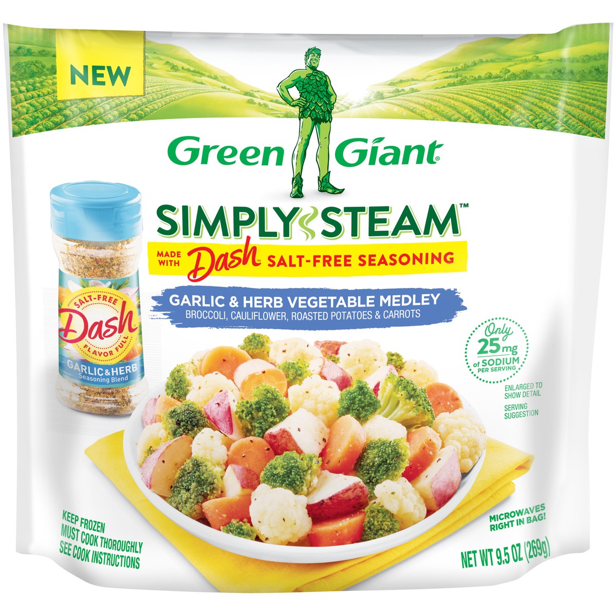 slide 1 of 13, Green Giant Simply Steam Garlic & Herb Vegetable Medley, Frozen Vegetable Mix Made with Dash Salt-Free Seasoning, 9.5 OZ, 9.5 oz