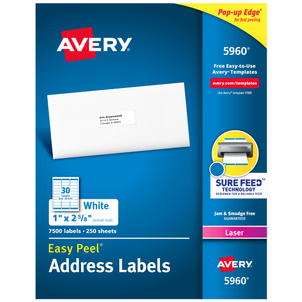 slide 1 of 9, Avery Easy Peel White Laser Address Labels, 5960, 7500 ct; 1 in x 2 5/8 in