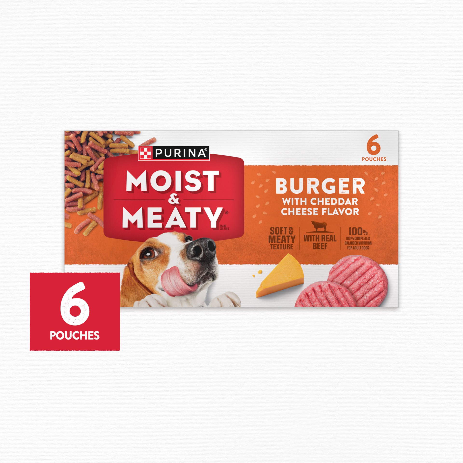 slide 5 of 9, Moist & Meaty Purina Moist and Meaty Burger With Cheddar Cheese Flavor Dry Soft Dog Food Pouches, 36 oz