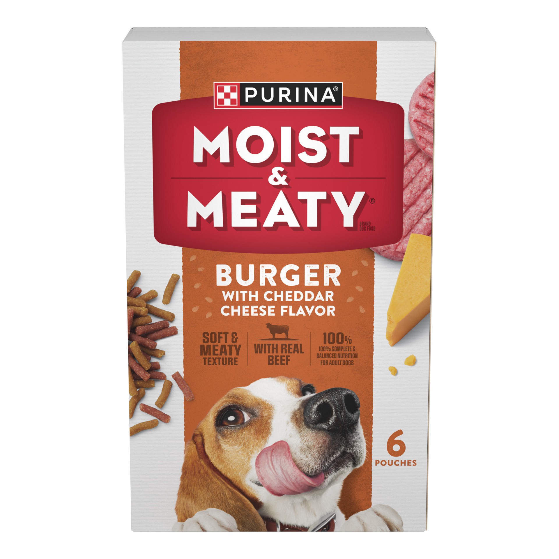 slide 1 of 9, Moist & Meaty Purina Moist and Meaty Burger With Cheddar Cheese Flavor Dry Soft Dog Food Pouches, 36 oz