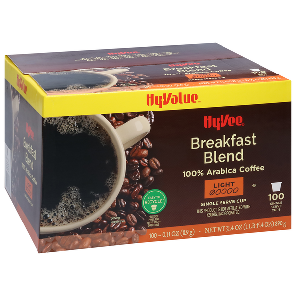 slide 1 of 1, Hy-vee Light Roast Breakfast Blend 100% Arabica Coffee Single Serve Cups - 100 ct, 100 ct