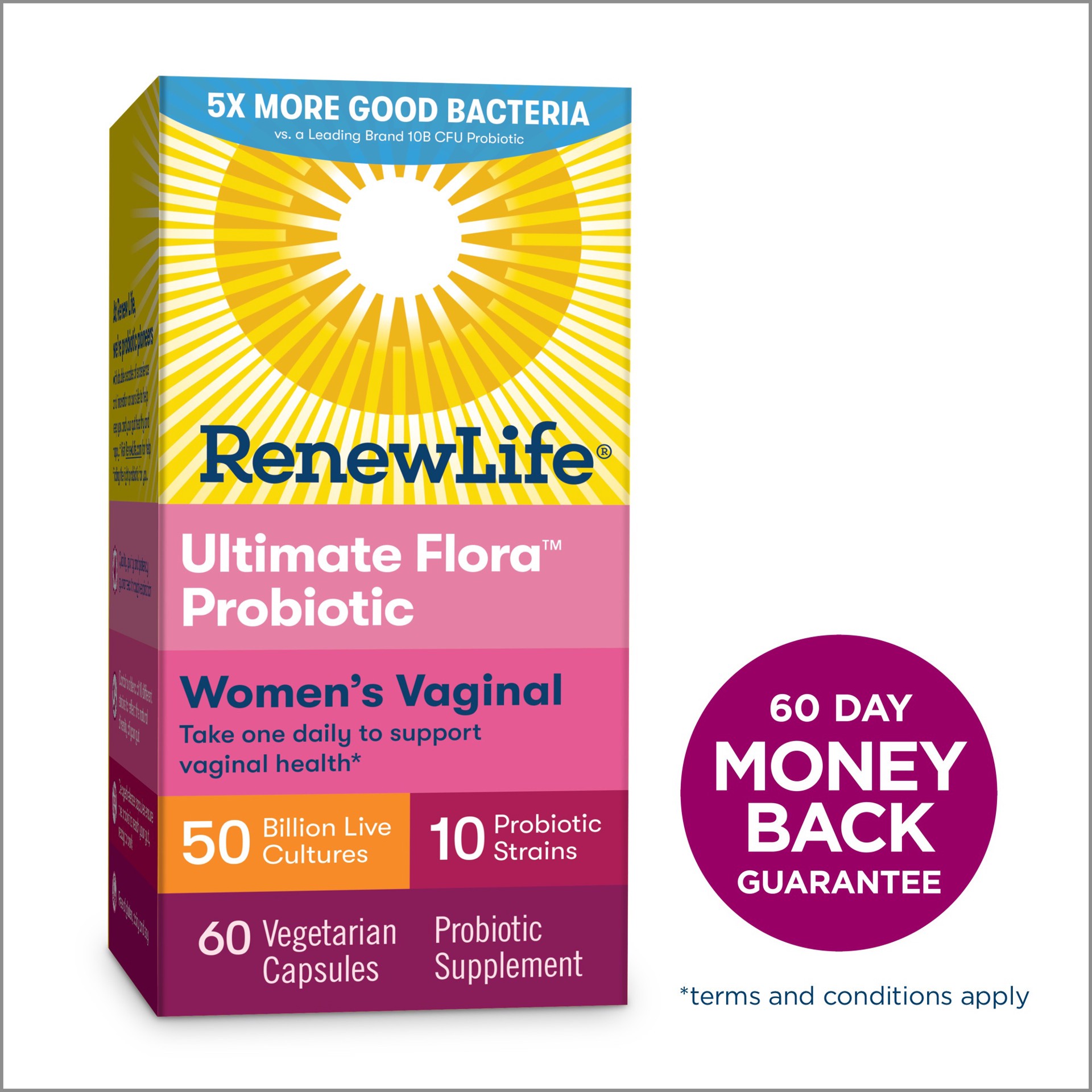 slide 1 of 1, Renew Life Women''s Probiotic - Ultimate Flora™ Women's Vaginal Shelf Stable Probiotic Supplement - Gluten, Dairy & Soy Free - 50 Billion CFU - 60 Vegetarian Capsules, 60 ct