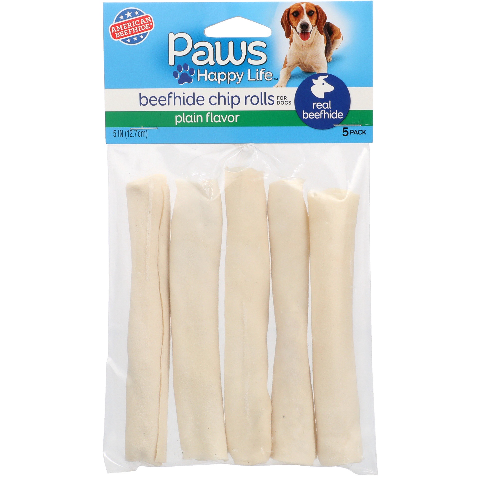 slide 1 of 6, Paws Happy Life Beefhide Plain Flavor Chip Rolls for Dogs, 5 ct