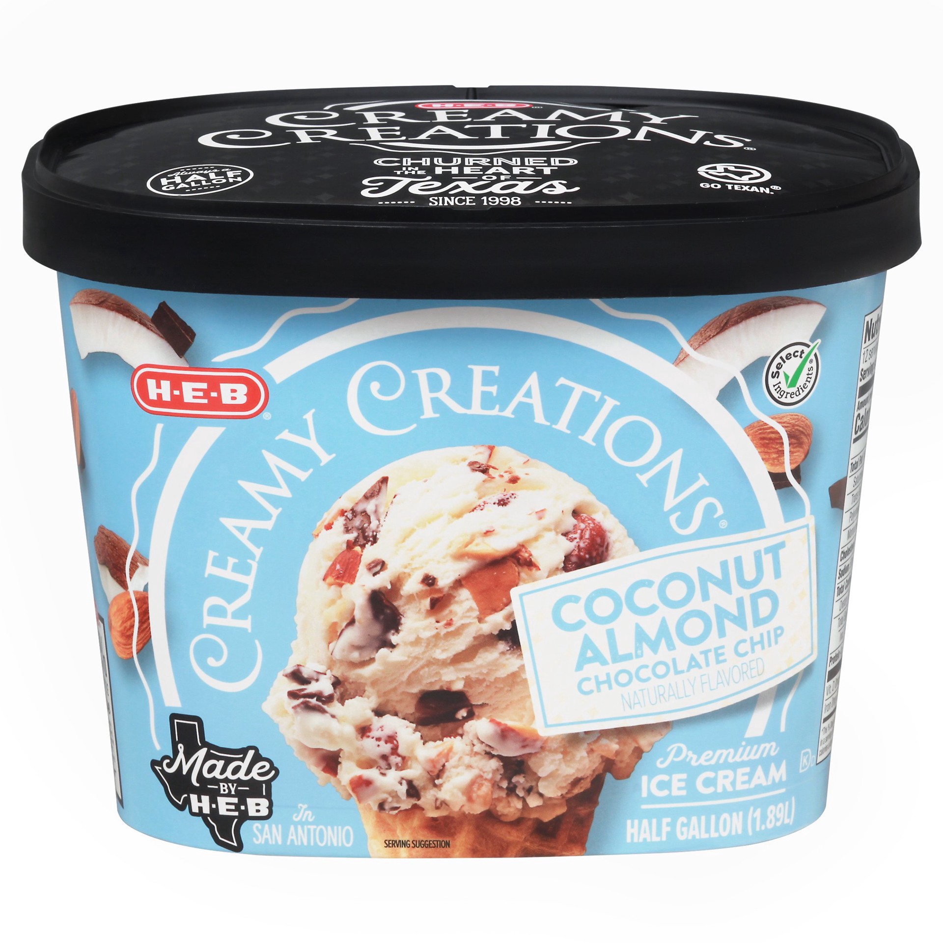slide 1 of 1, H-E-B Creamy Creations Coconut Almond Chocolate Chip Ice Cream, 1/2 gal