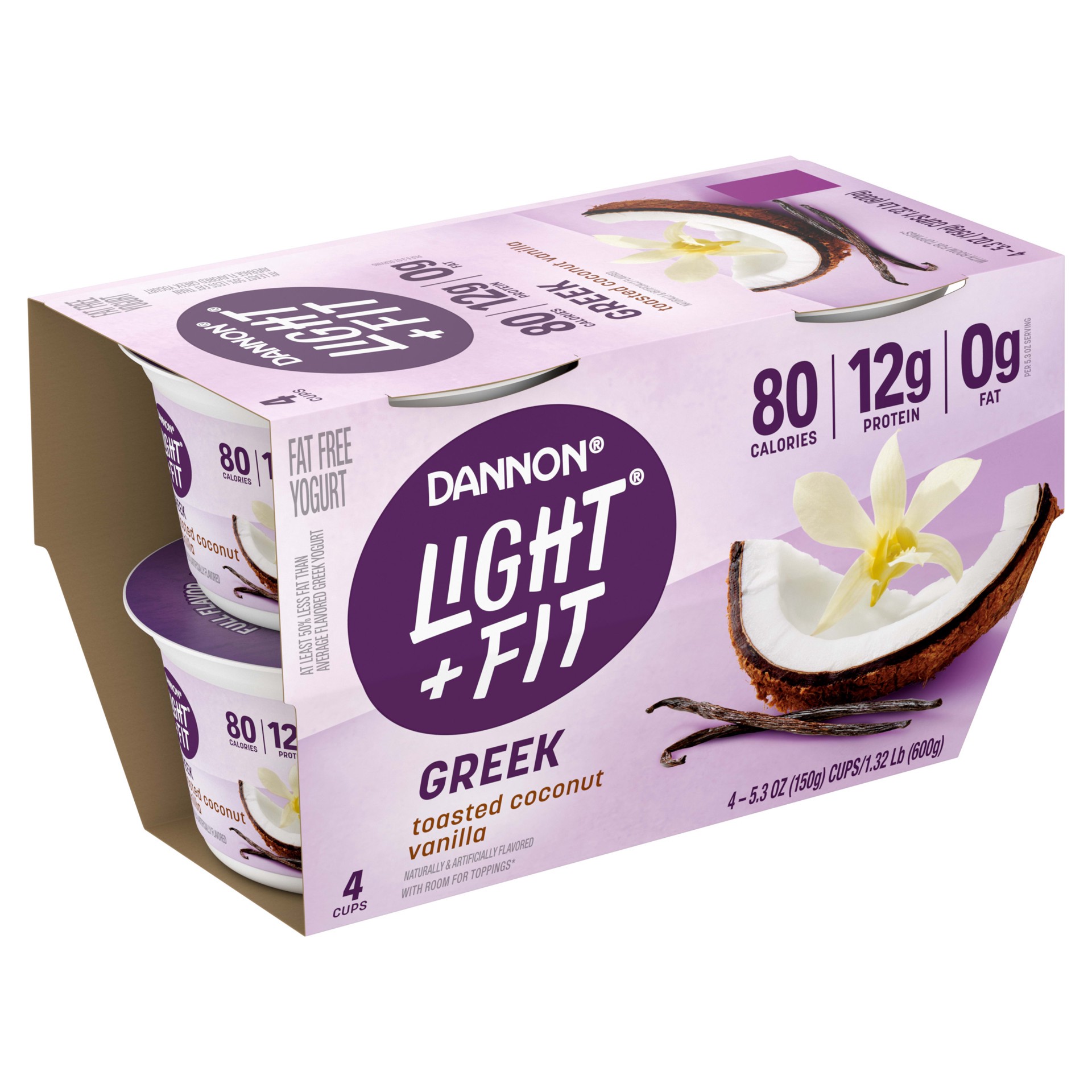 slide 4 of 5, Light + Fit Dannon Light & Fit Greek Blended Nonfat Yogurt Toasted Coconut Vanilla, 