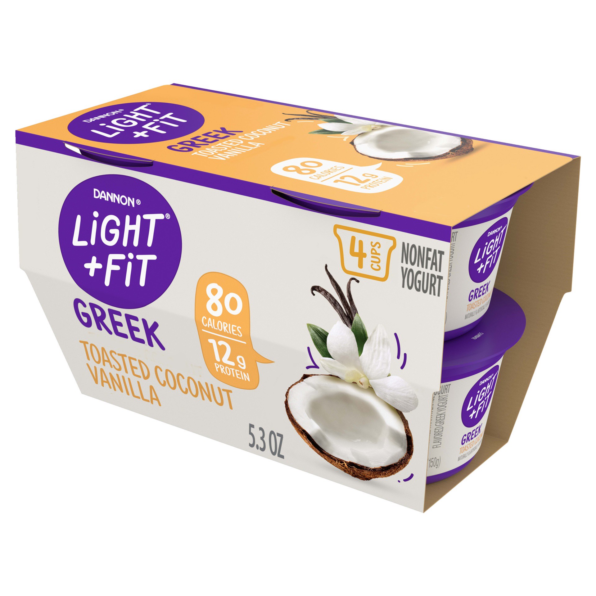 slide 1 of 5, Light + Fit Dannon Light & Fit Greek Blended Nonfat Yogurt Toasted Coconut Vanilla, 