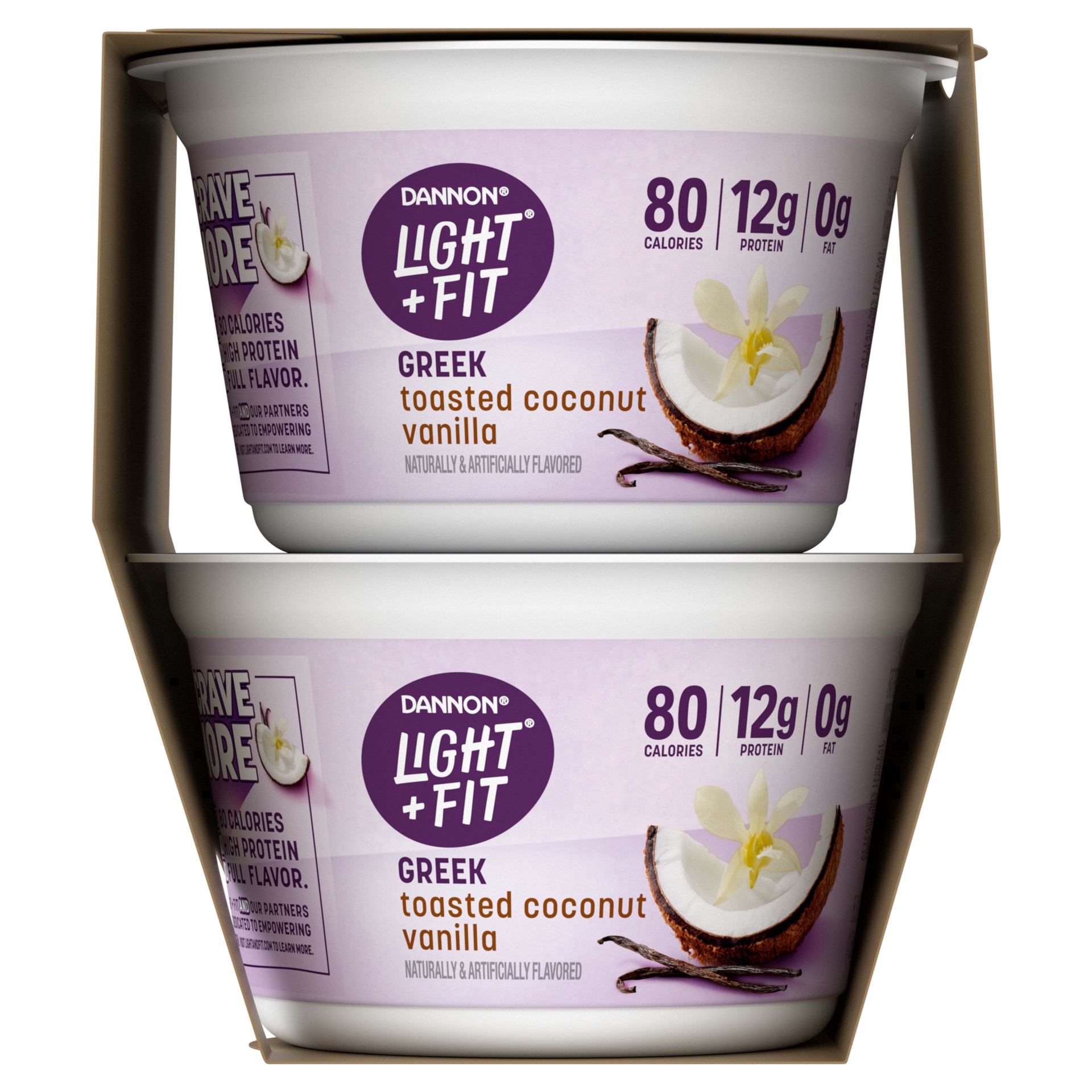 slide 5 of 5, Light + Fit Dannon Light & Fit Greek Blended Nonfat Yogurt Toasted Coconut Vanilla, 