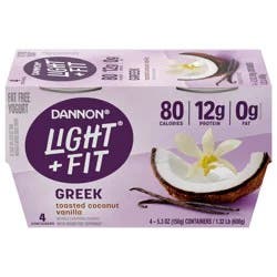 Dannon Light + Fit Greek Toasted Coconut Vanilla Fat Free Yogurt, Creamy and Delicious Gluten Free, 4 Ct, 5.3 OZ Cups