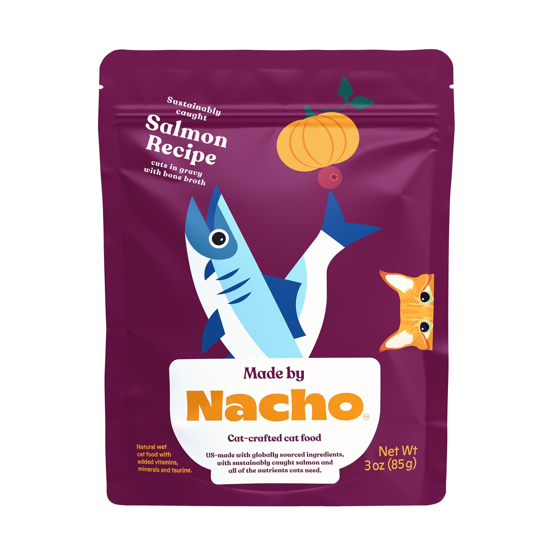 slide 1 of 1, Made By Nacho Sustainably-Caught Salmon Recipe Cuts In Gravy With Bone Broth Wet Cat Food, 3 oz