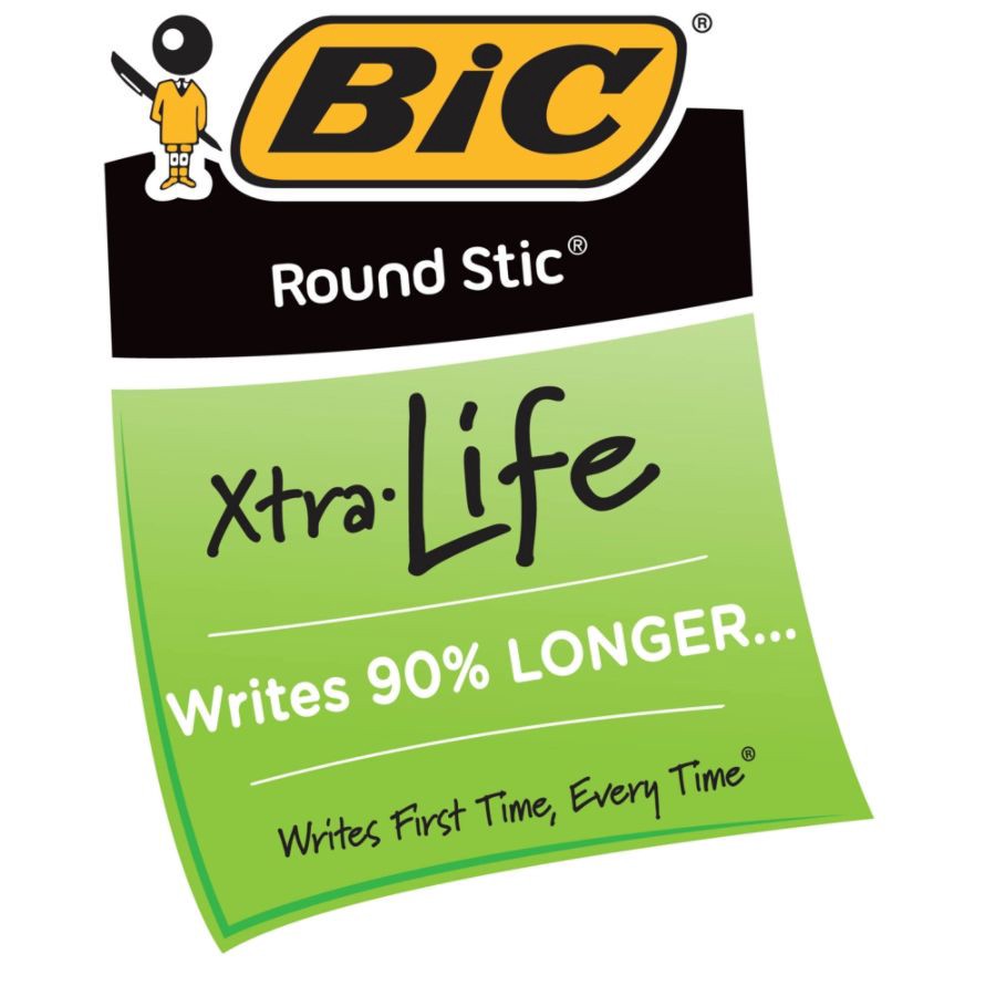 slide 3 of 3, BIC Round Stic Xtra Life Ballpoint Pens, Medium Point, Translucent Barrel, Black Ink, Pack Of 36 Pens, 36 ct