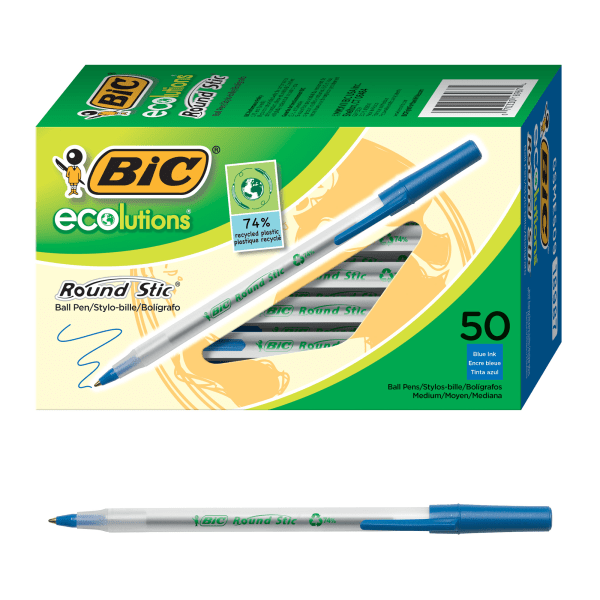 slide 1 of 1, BIC Ecolutions Round Stic Ball Pens, Medium Point, 1.0 Mm, 74% Recycled, Translucent Barrel, Blue Ink, Pack Of 50 Pens, 50 ct