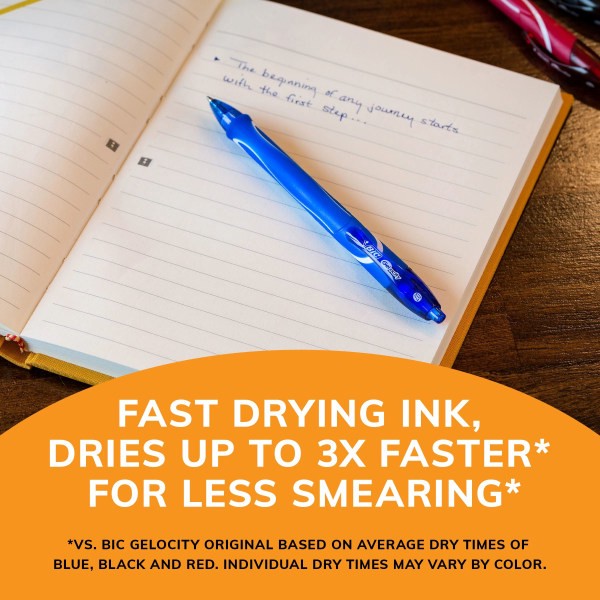 slide 3 of 7, BIC Gelocity Quick-Dry Retractable Gel Pens, Medium Point, 0.7 Mm, Red Barrel, Red Ink, Pack Of 4 Pens, 4 ct
