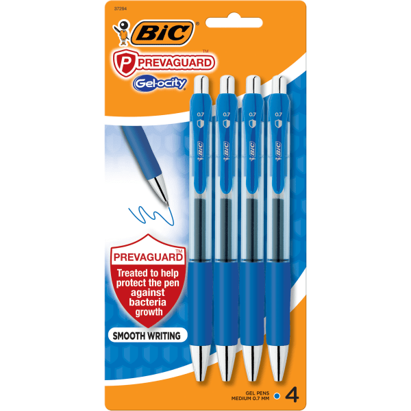 slide 1 of 5, BIC Gelocity Prevaguard Gel Pens With Antimicrobial Additive, Medium Point, 0.7 Mm, Blue Barrels, Blue Ink, Pack Of 4 Pens, 4 ct