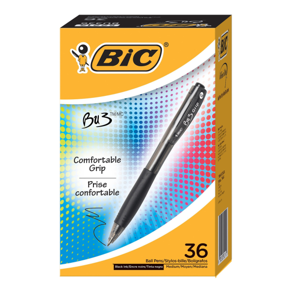 slide 1 of 5, BIC Bu3 Grip Ball Pens - Medium Pen Point - 1 Mm Pen Point Size - Black - Black Barrel - 36 / Box, 1 ct