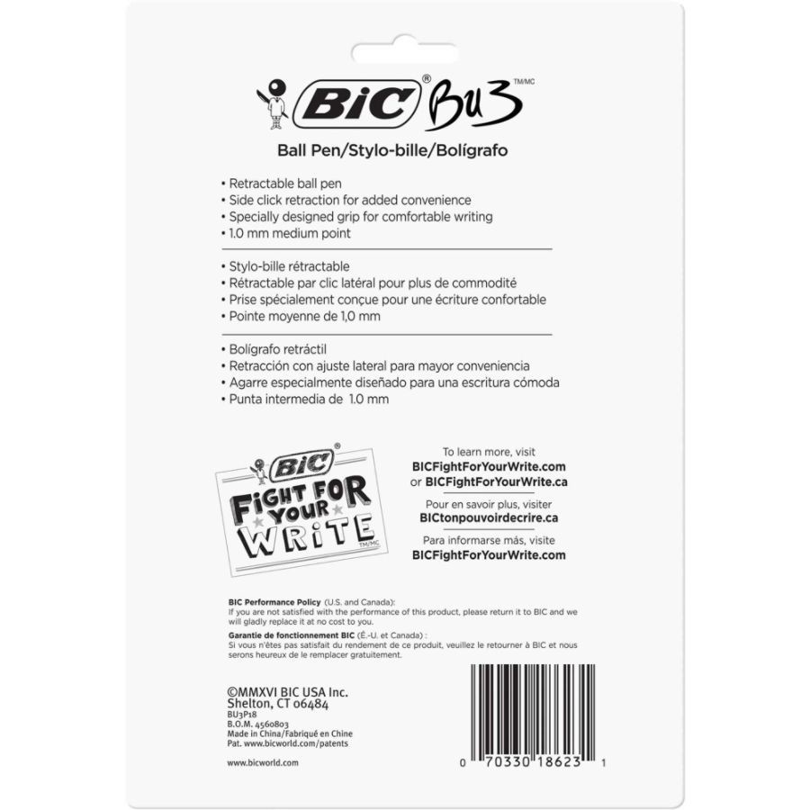 slide 3 of 4, BIC Bu3 Grip Rt Ball Pens, Medium Point, Clear Barrel, Black Ink, Pack Of 18 Pens, 18 ct