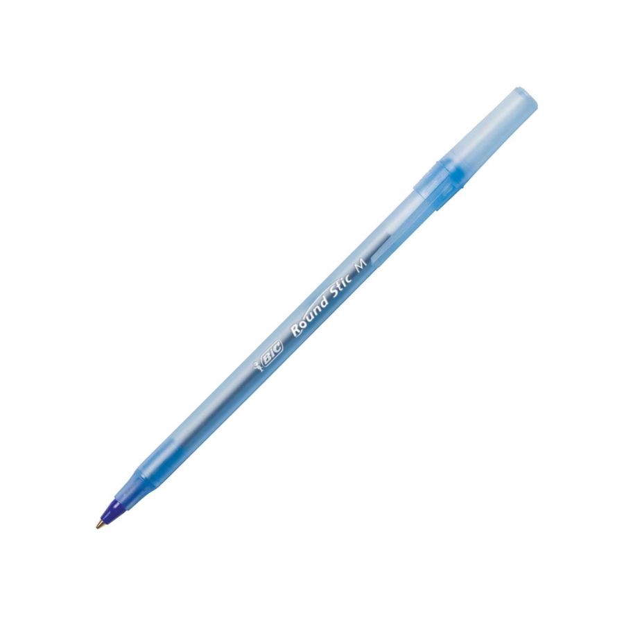 slide 2 of 3, BIC Round Stic Ballpoint Pens, Medium Point, Translucent Barrel, Blue Ink, Box Of 60, 60 ct