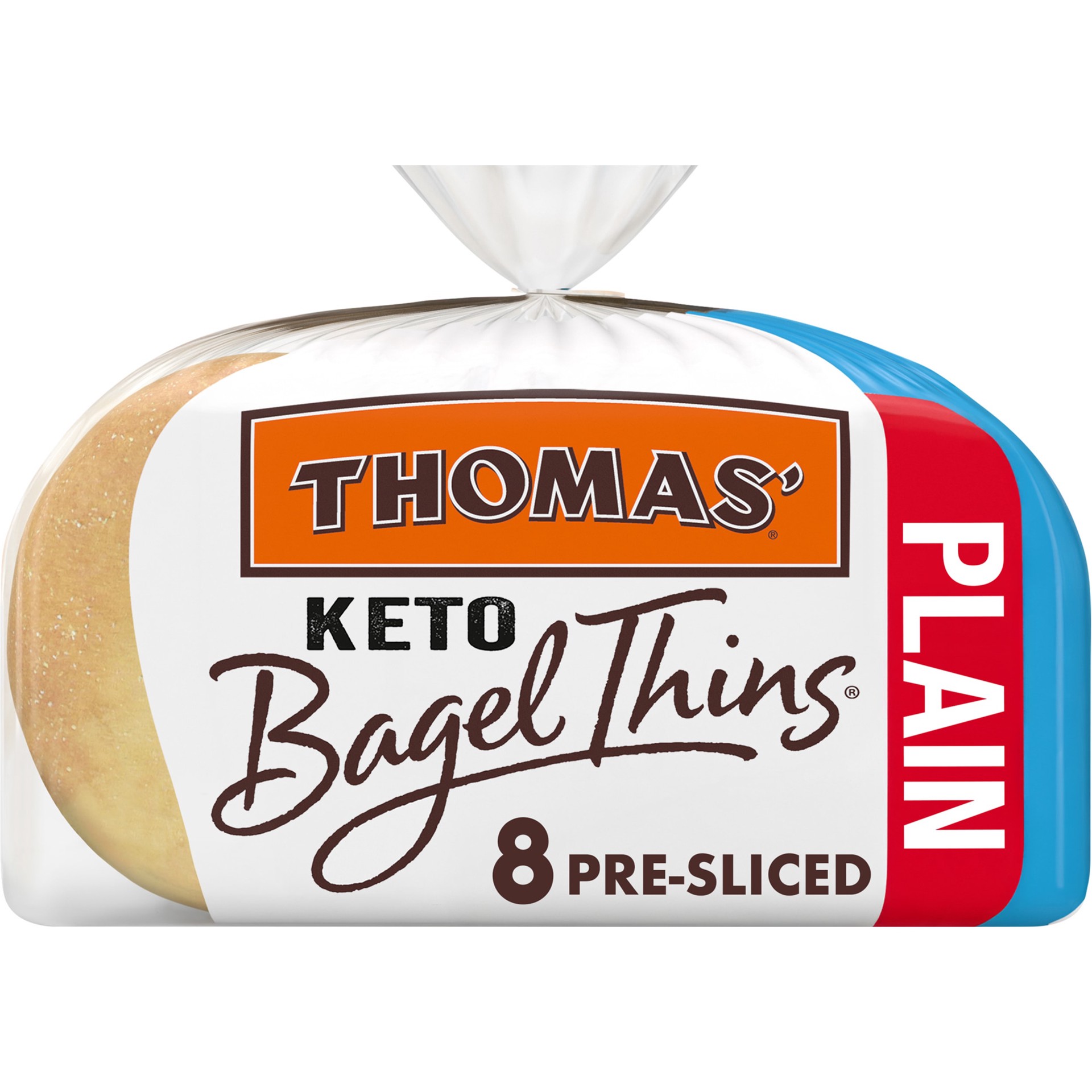slide 1 of 2, Thomas' Keto Plain Bagel Thins, 8 count, Bagels, 13 oz Bag, 8 ct
