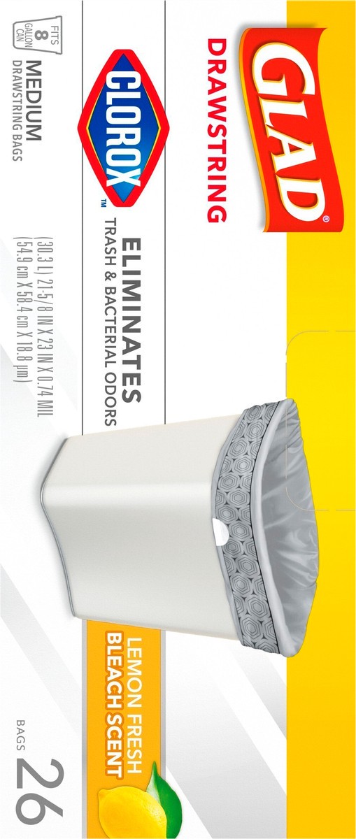 slide 5 of 7, Glad Medium Drawstring Trash Bags with Clorox, 8 Gallon Grey Trash Bags, Lemon Fresh Bleach Scent, 26 Count, 26 ct