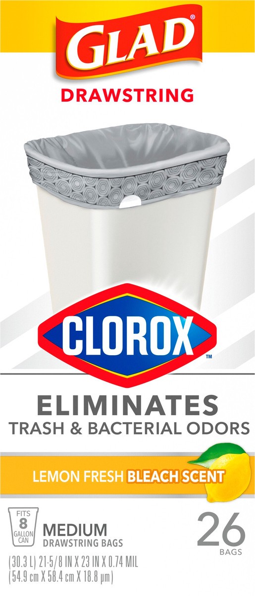 slide 3 of 7, Glad Medium Drawstring Trash Bags with Clorox, 8 Gallon Grey Trash Bags, Lemon Fresh Bleach Scent, 26 Count, 26 ct