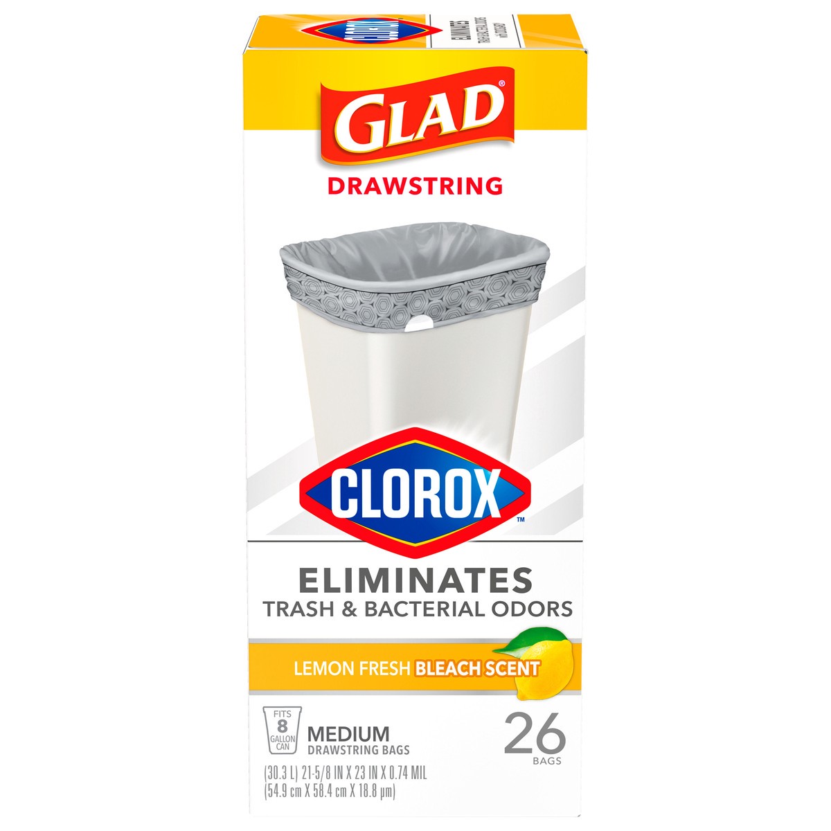 slide 1 of 7, Glad Medium Drawstring Trash Bags with Clorox, 8 Gallon Grey Trash Bags, Lemon Fresh Bleach Scent, 26 Count, 26 ct