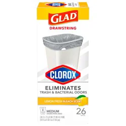 Glad Medium Drawstring Trash Bags with Clorox, 8 Gallon Grey Trash Bags, Lemon Fresh Bleach Scent, 26 Count