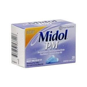 slide 1 of 1, Midol Pm Maximum Strength Pain Reliever/Nighttime Sleep-Aid Coated Caplets, 20 ct