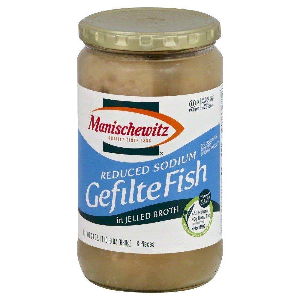 slide 1 of 1, Manischewitz Reduced Sodium Gefilte Fish In Jelled Broth, 24 oz