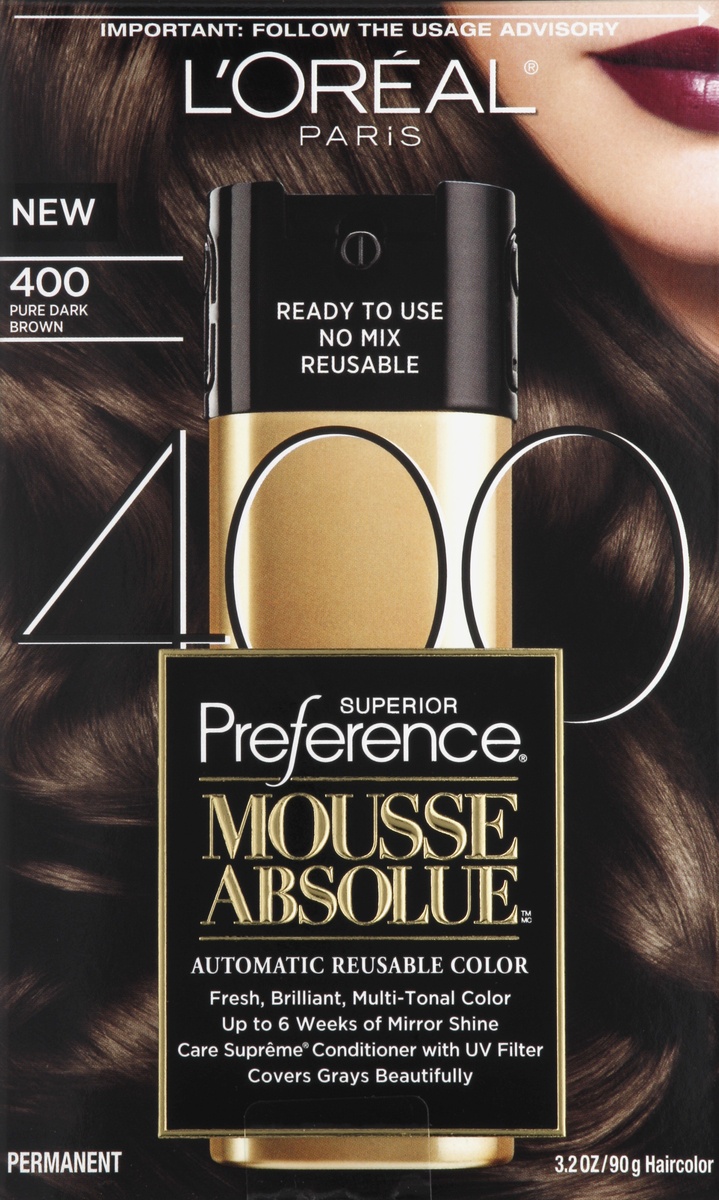 slide 4 of 5, L'Oréal Paris Superior Preference Mousse Absolue Permanent Hair Color - Pure Dark Brown 400, 1 ct